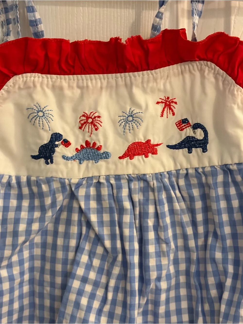 Girl's Adorable Red White & Blue Bubble Embroidered Dinosaurs & Fireworks 12-18M
